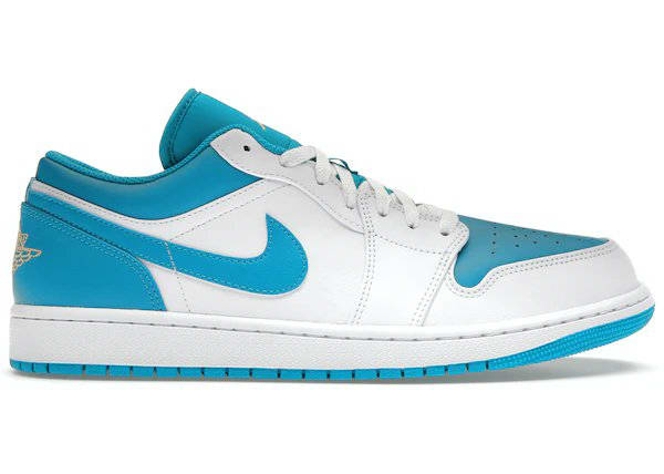 Side view of aqua and white Air Jordan shoe.